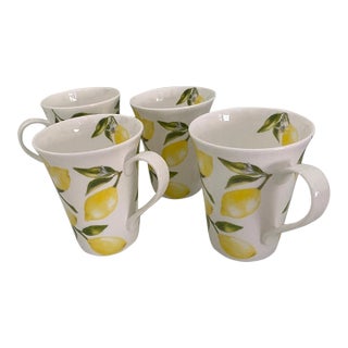 1990s Mikasa Lemons Bone China White Yellow Cups Mugs Mikasa -Set of 4 For Sale
