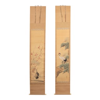 Early 1900s Meiji Era Japanese Watercolor Scroll Paintings in Original Box "Turtles and Crane", a Pair For Sale