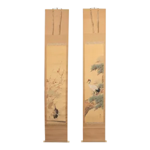 Early 1900s Meiji Era Japanese Watercolor Scroll Paintings in Original Box "Turtles and Crane", a Pair