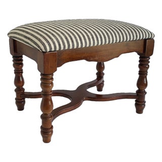 Mahogany Provincial Bench W/Striped Linen For Sale