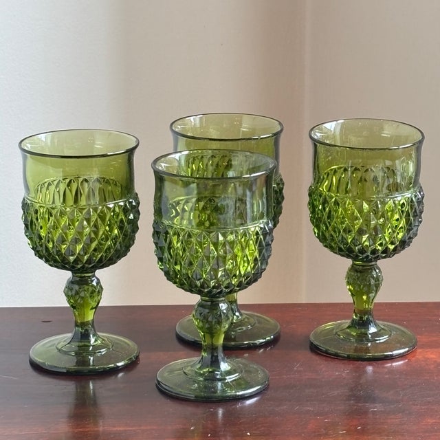 Mid-Century Modern 1960s Avocado Green Pressed Glass Goblets — Set of 4 For Sale - Image 3 of 13