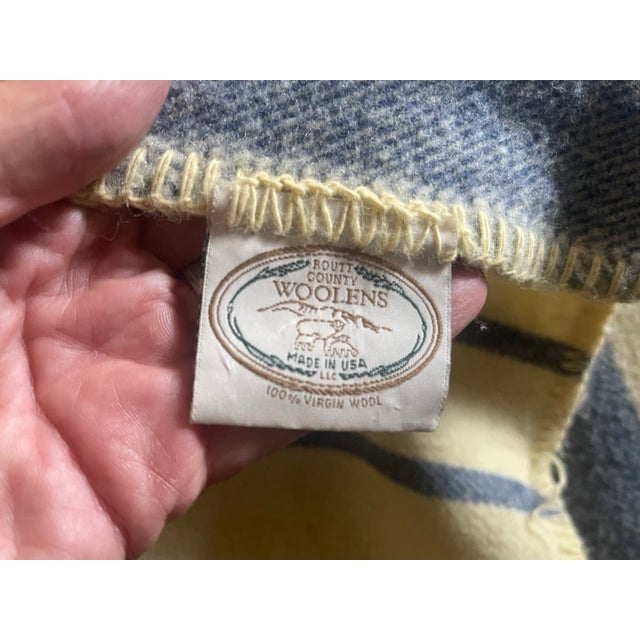 Rustic Vintage Routt Co Woolen Mills Queen Size Yellow Blue Stripe Blanket - 82" X 94" For Sale - Image 3 of 7