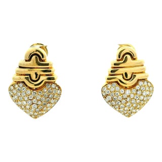 Vintage Italian 18k Gold Diamond Pavé Heart Omega Back Earrings, A Pair For Sale