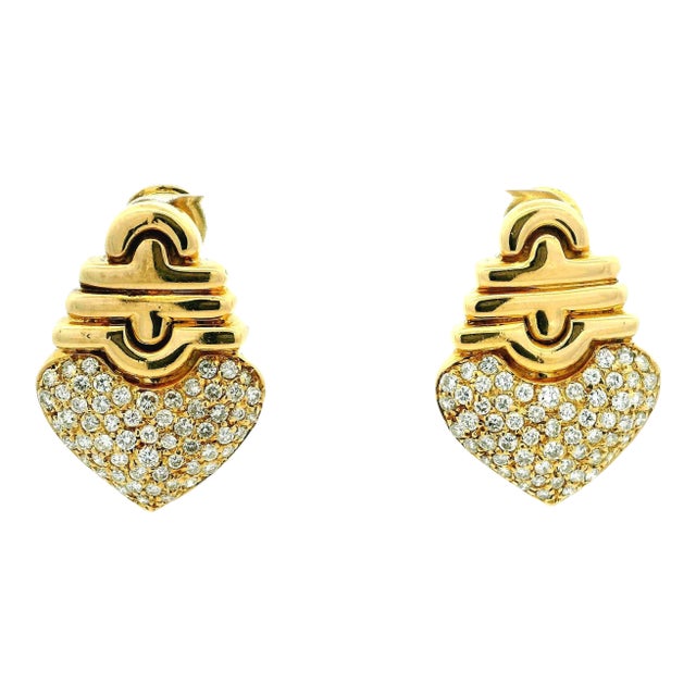 Vintage Italian 18k Gold Diamond Pavé Heart Omega Back Earrings, A Pair For Sale