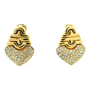 Vintage Italian 18k Gold Diamond Pavé Heart Omega Back Earrings, A Pair