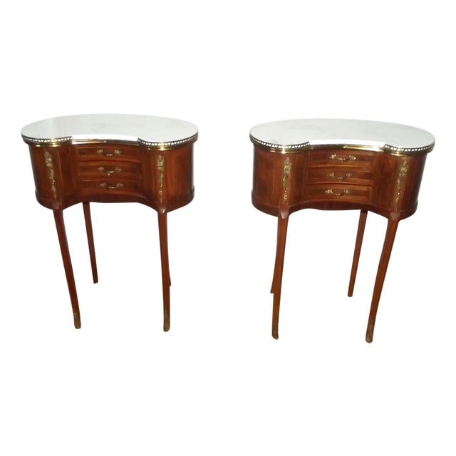 Early 20th Century Louis XV Kidney Shaped Side Tables With Mable Tops, Pair For Sale