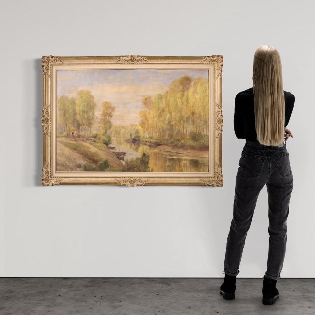 Italian painting from the mid-20th century. Oil painting on masonite depicting a countryside view, river landscape with...