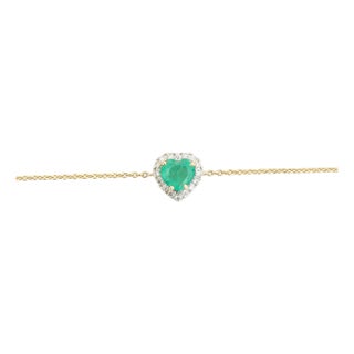 Natural Green Emerald Heart Bracelet With Halo Diamonds in 14k Gold 7 Inch Chain For Sale