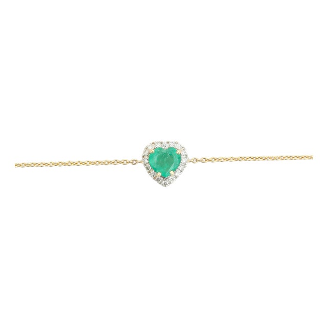 Natural Green Emerald Heart Bracelet With Halo Diamonds in 14k Gold 7 Inch Chain For Sale