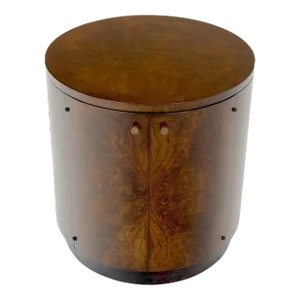 Mid-Century Modern Cylinder Drum Shape Burl Wood End Side Table Nightstand