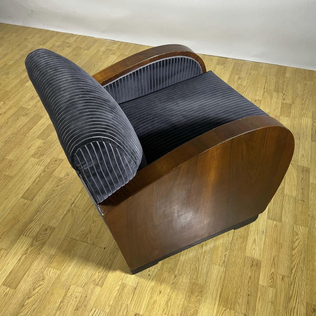 Art Deco Armchairs in Walnut Burl and Navy Blue Striped Velvet, 1930s, Set of 2 For Sale - Image 4 of 9