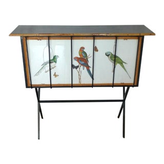 French Portable Tiki Bar Counter With Iron Base, Rattan Frame and Parrot Paintings on Glass Front. For Sale