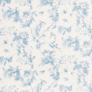 Sample - Schumacher X Jill Lasersohn Toile De La Prairie Fabric in Blue For Sale