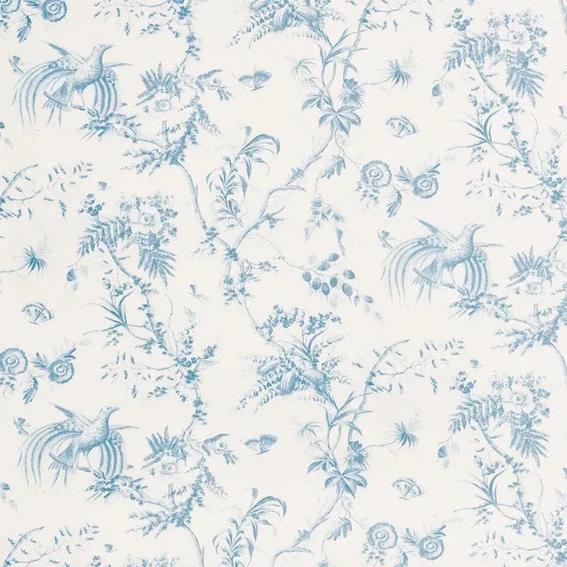 Sample - Schumacher X Jill Lasersohn Toile De La Prairie Fabric in Blue For Sale