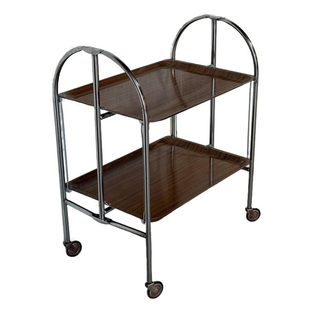 Chrome Folding Rolling Bar Cart With Wood Grain Trays Mid-Century Modern 1970s For Sale