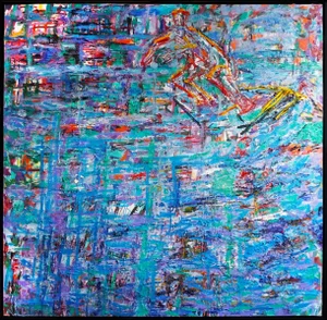 "Time Surfer" Contemporary Abstract Expressionist Oil Painting on Canvas, Framed