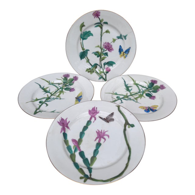 French Set of 4 Porcelain Plates Butterfly & Flowers Circa 1890 For Sale