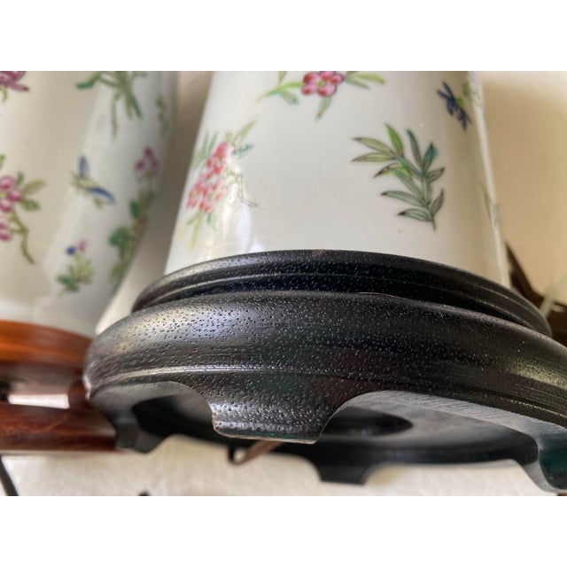 Vintage Chinoiserie Porcelain Table Lamps With Hand-Painted Floral Motifs and Wooden Bases - Pair For Sale - Image 12 of 12