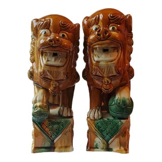 1970s Colorful Ceramic Foo Dogs - a Pair For Sale