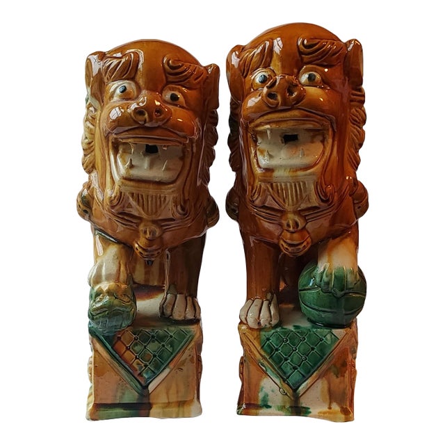 1970s Colorful Ceramic Foo Dogs - a Pair For Sale
