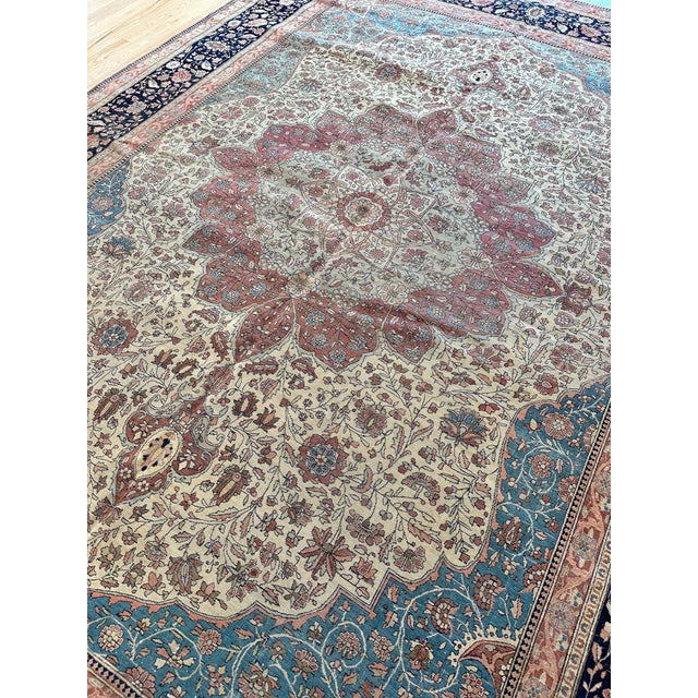 Antique Persian Mohtasham Kashan Carpet, Traditional, Soft, Ivory, Blue, Green For Sale - Image 4 of 12