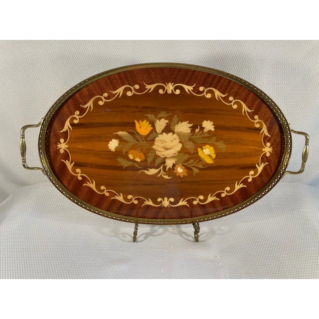 Hollywood Regency 1950-60s Italian Oval Marquetry Gallery Serving Tray For Sale - Image 3 of 12