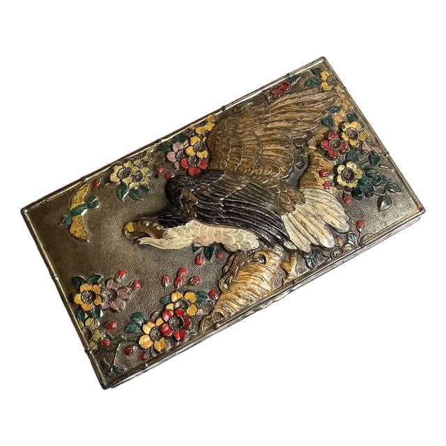 1960s Stunning Japan Ornate Eagle Cast Metal Trinket Box W/Hinged Lid Colored Repousse For Sale