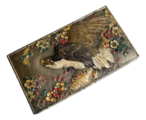 1960s Stunning Japan Ornate Eagle Cast Metal Trinket Box W/Hinged Lid Colored Repousse