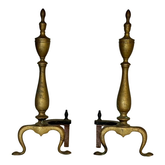 1900s Antique Brass Andirons, Pair For Sale