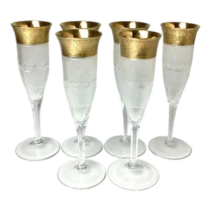 1960s Moser Cut Crystal and Gold Splendid Champagne Flutes- Set of 6