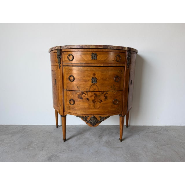 19th-Century French Louis XVI Style Marquetry Inlaid Demi-Lune Cabinet With Breccia Marble Top For Sale - Image 4 of 18