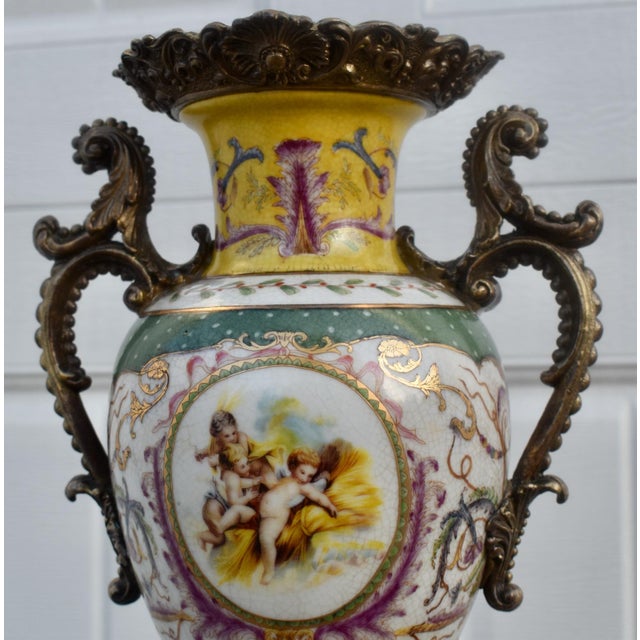French Sevres Style Porcelain Urn Vase Vintage Gilt Bronze Ormolu Cherub Putti For Sale - Image 10 of 14