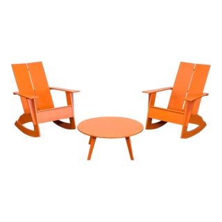Room & Board Emmet Orange Outdoor Rocking Chair Pair and Table Set For Sale