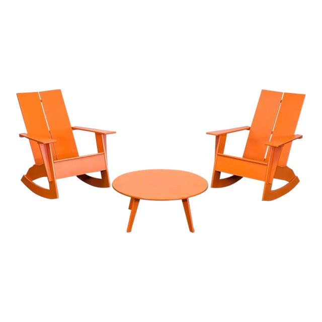 Room & Board Emmet Orange Outdoor Rocking Chair Pair and Table Set For Sale