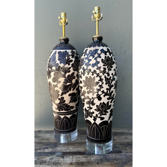 Vintage Matte Glazed Ceramic Floral Lamps - A Pair For Sale - Image 11 of 12
