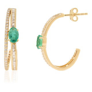 Emerald & Diamond Double Row Art Deco Hoop Earrings in 14k Yellow Gold- A Pair For Sale