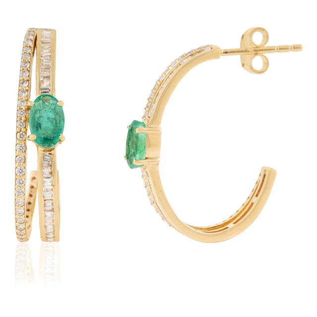 Emerald & Diamond Double Row Art Deco Hoop Earrings in 14k Yellow Gold- A Pair For Sale