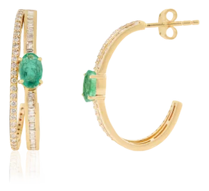 Emerald & Diamond Double Row Art Deco Hoop Earrings in 14k Yellow Gold- A Pair