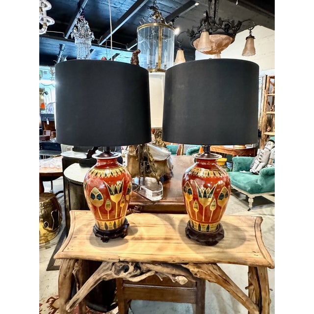 Art Deco Mid 20th Century Art Deco Table Lamps With Egyptian Motifs, Hand-Painted Porcelain shades not included- a Pair For Sale - Image 3 of 13