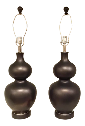 Modern Dark Metal Glaze Pair of Gourd Table Lamps