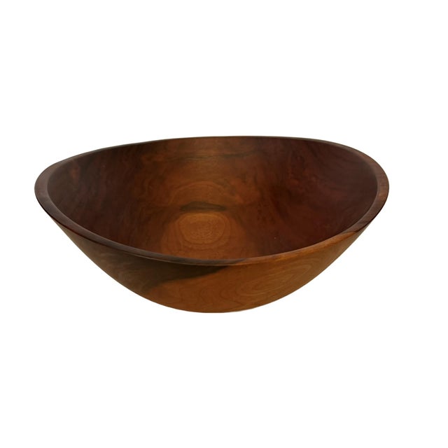 Brown Modern Hand-Turned Cherry Wood Bowl Signed by O. Lufton For Sale - Image 8 of 15