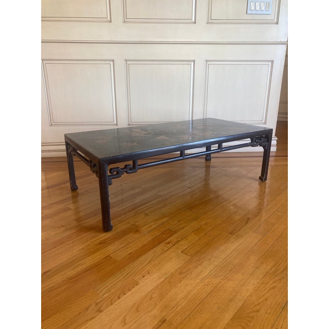 Chinoiserie Rectangular Coffee Table in Black Lacquered original finish. Beautiful hand painted flowers and birds in red...