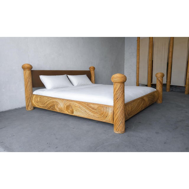 We adore this 1970s pencil reeded bamboo bed frame. It is all original and a sight to behold and a RARE KING SIZE. It is a...