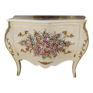 1960s French Louis XV Bombe Commode Hand Painted Floral Chest For Sale