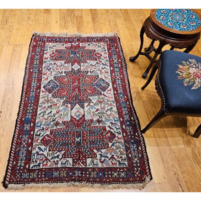 1900 - 1909 Antique Caucasian Soumak Area Rug, Handwoven Wool, Tribal Bird Motifs Design, 3' x 5' For Sale - Image 5 of 14