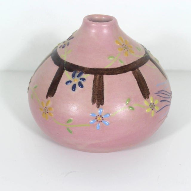 Vintage Studio Pottery Vase With Peacock and Raised Flower Details Pink Signed by Artist For Sale - Image 4 of 11