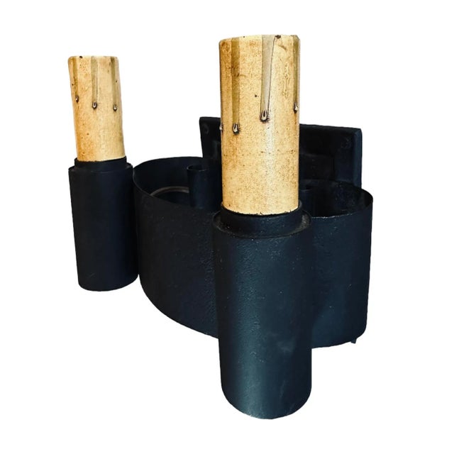 Gothic Pair Midcentury Double Light Brass and Iron Sconces in Flat Black Paint For Sale - Image 3 of 6
