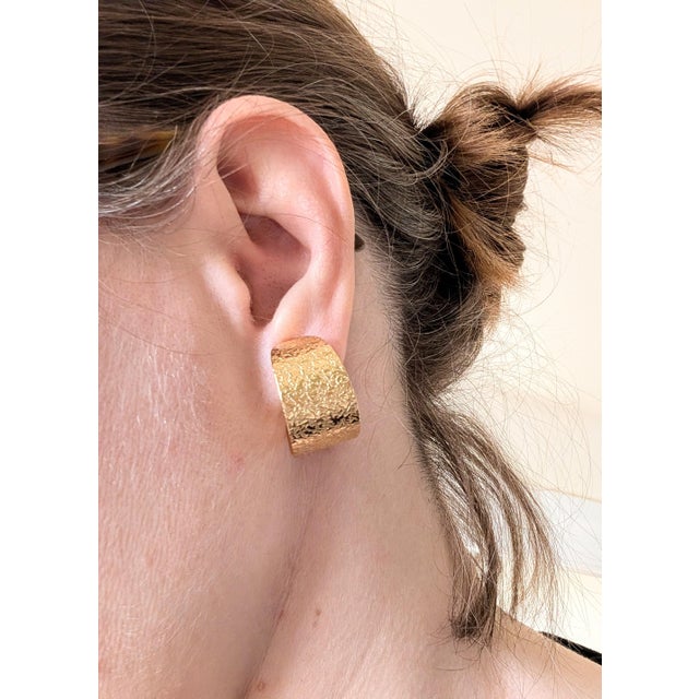 Gold Vintage Signed Crown Trifari Goldtone Textured Hoop Clip Earrings-2 Pieces For Sale - Image 8 of 8