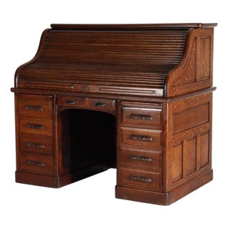 Antique Derby Oak Raised Panel S-Roll Top Desk With Carved Pulls C1920 For Sale