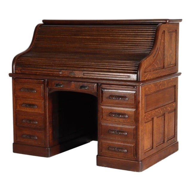 Antique Derby Oak Raised Panel S-Roll Top Desk With Carved Pulls C1920 For Sale